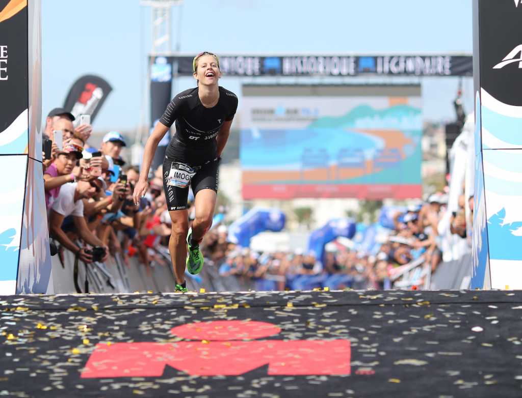NICE, FRANCE - SEPTEMBER 07: Imogen Simmonds of Switzerland reacts after finishing 3rdd in the Ironman 70.3 World Championship Women's race on September 7, 2019 in Nice, France. (Photo by Nigel Roddis/Getty Images for IRONMAN)